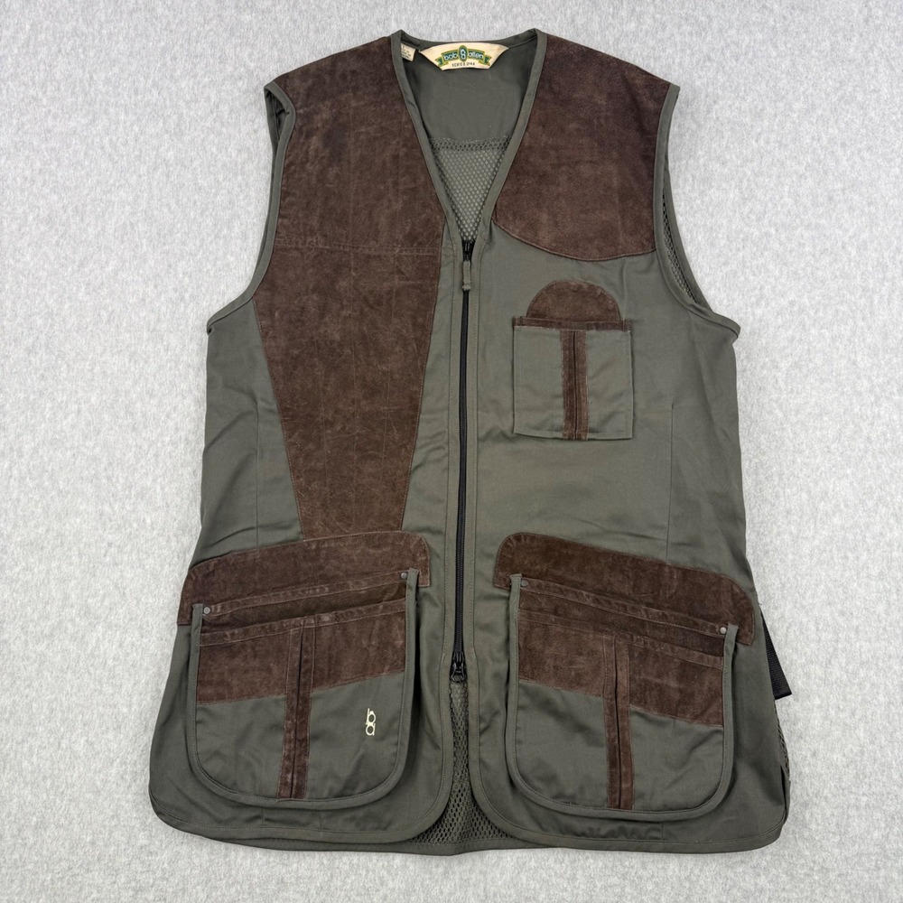 Bob Allen Vest Mens Large Green Leather Trim Mesh Back Pockets Shooting Hunting